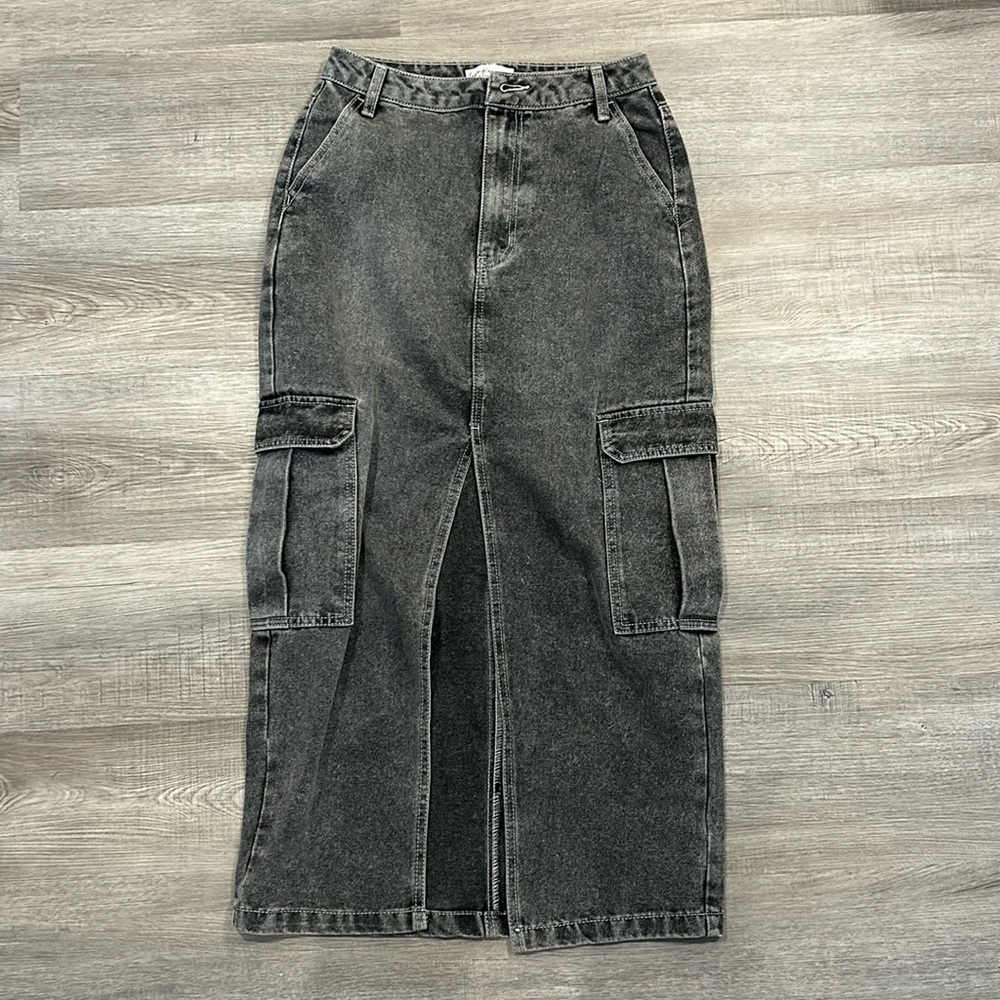 Black acid wash denim skirt